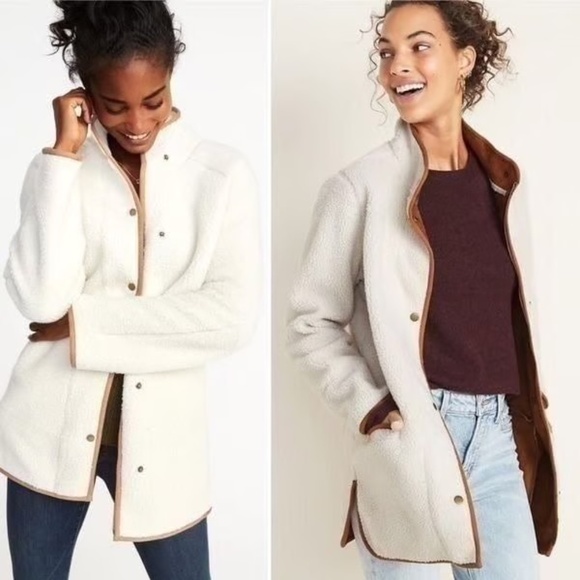 Old Navy Sherpa Jacket Mock Neck Cream Snap Front Long Cloud Nine - Picture 13 of 13